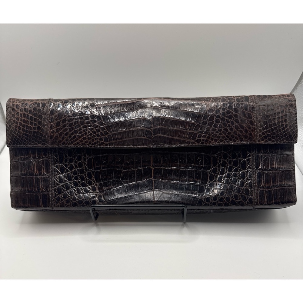 Nancy Gonzalez Genuine Crocodile Exotic Leather Foldover Clutch Brown